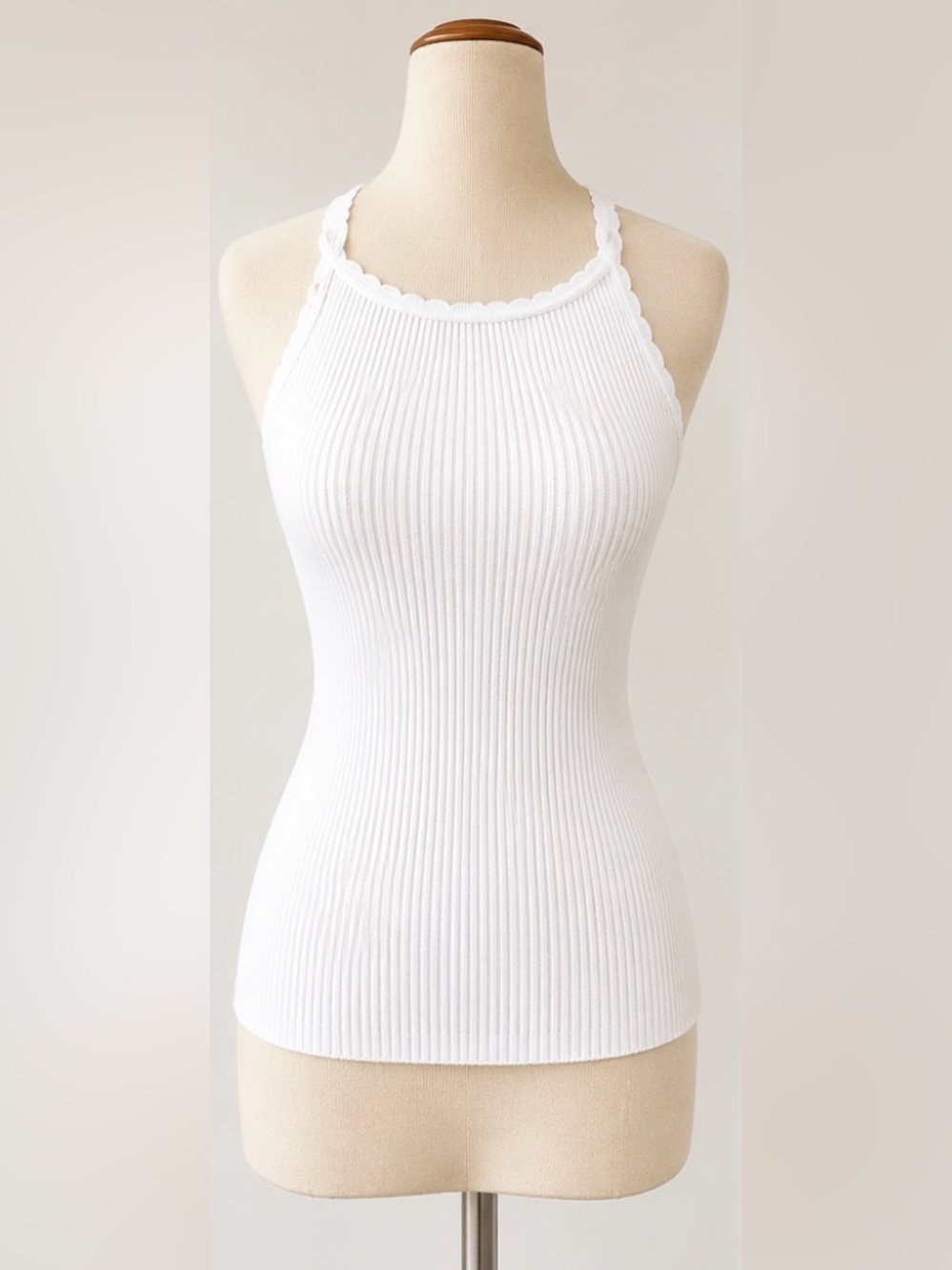 [Catherine Malandrino] White Ribbed Halter Tank Top Scalloped Trim Sz: S